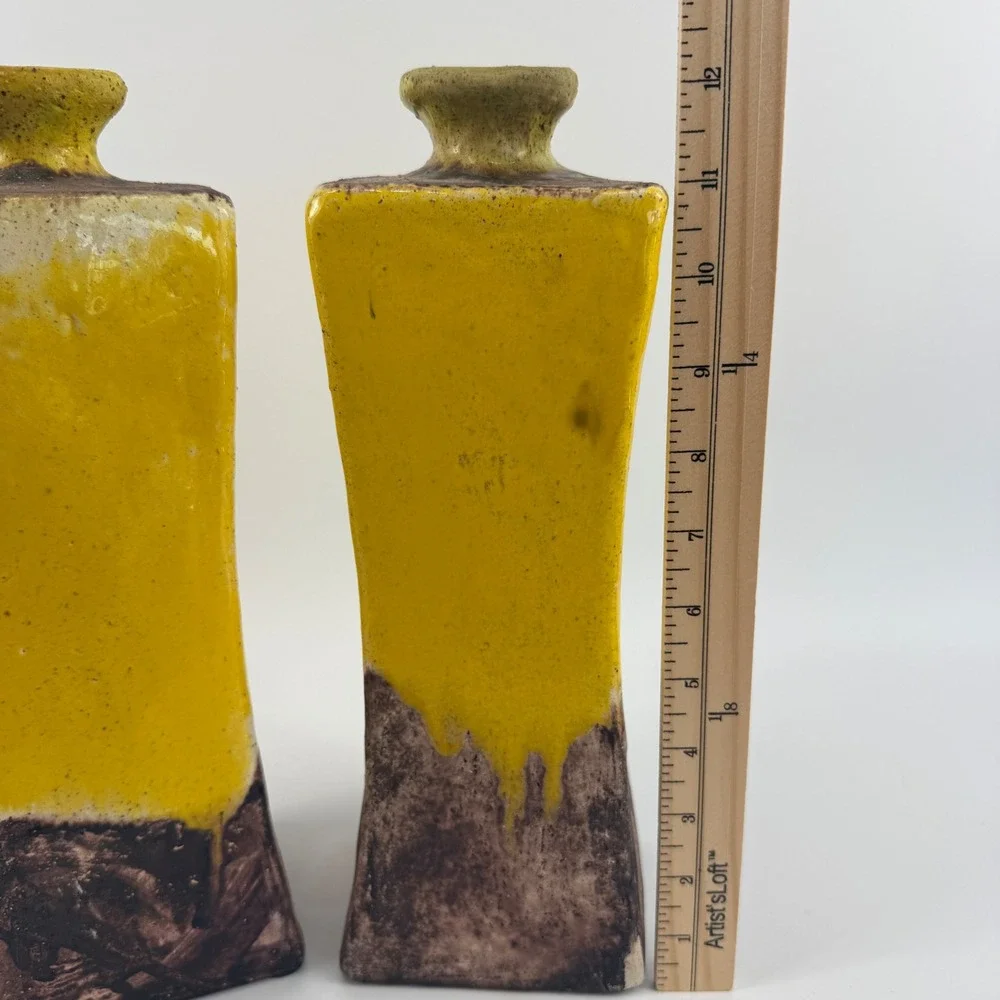 Vintage Studio Pottery Square Bottles Pair Mustard Yellow Drip Glaze Modern